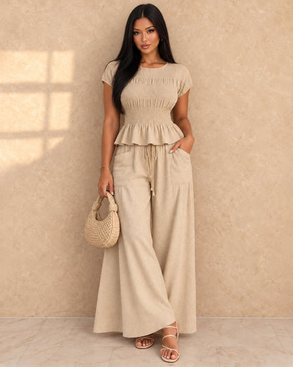 Women's 2 Piece Boho Set Smocked Top Wide Leg Pants