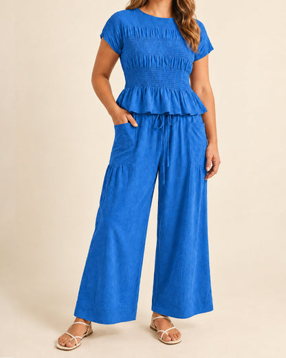Women's 2 Piece Boho Set Smocked Top Wide Leg Pants