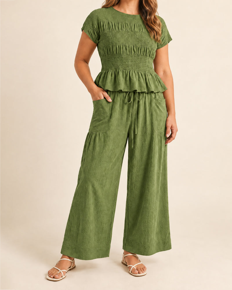 Women's 2 Piece Boho Set Smocked Top Wide Leg Pants