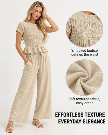 Women's 2 Piece Boho Set Smocked Top Wide Leg Pants