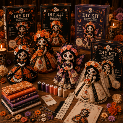 🔥LAST DAY 49% OFF - 🎃Day of the Dead Patchwork Doll DIY Sewing Kit - Handmade Fabric Doll Craft Kit with Floral Details