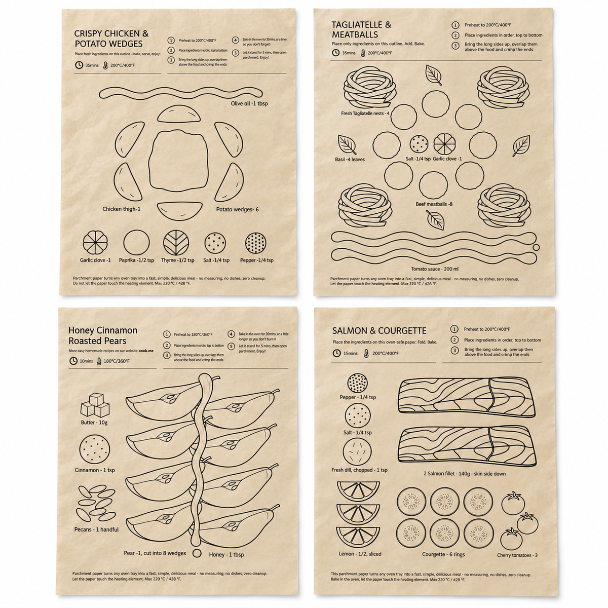 One-Pan Recipe Parchment Set | Pre-Printed Portion Guide Cooking Paper