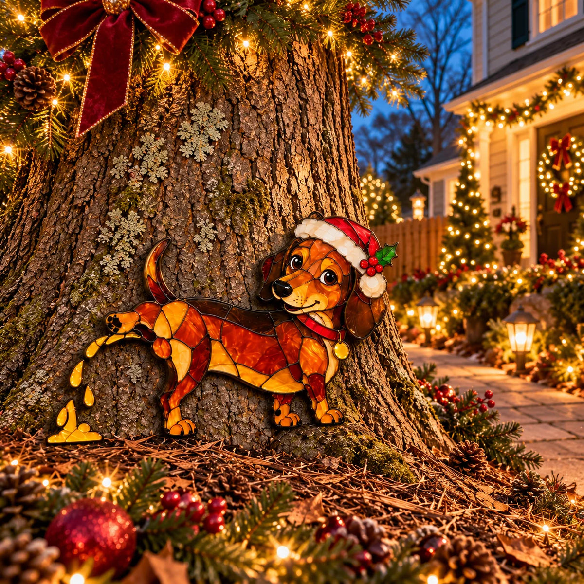 Funny Peeing Dachshund Christmas Decoration – Stained Glass-Style Sausage Dog Yard Art & Baseboard Decor
