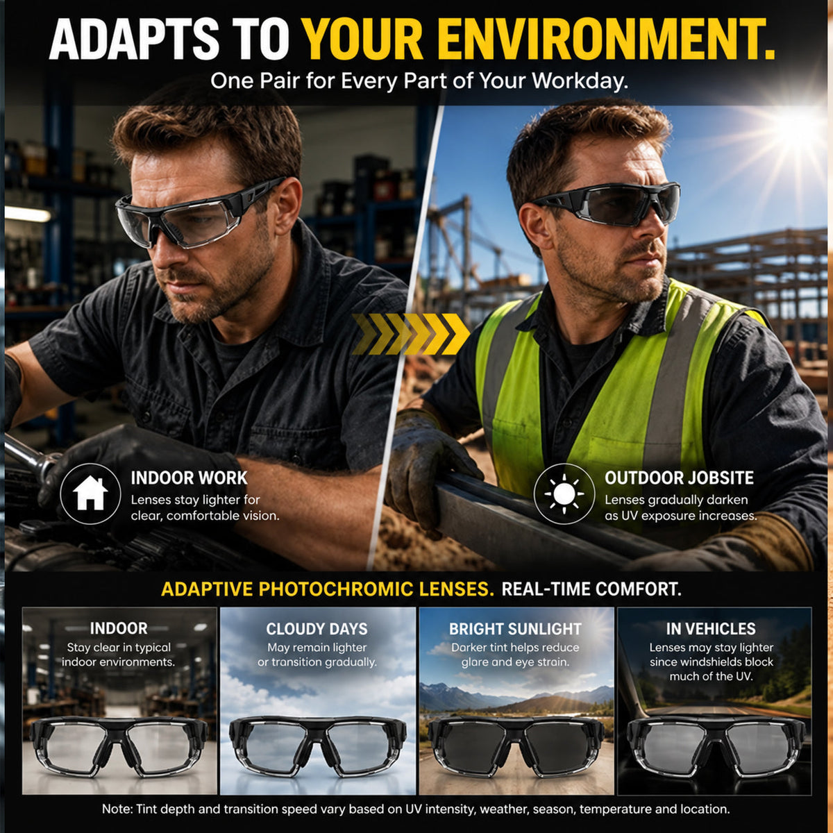 🕶️ Photochromic Safety Glasses – Indoor & Outdoor Impact Protection
