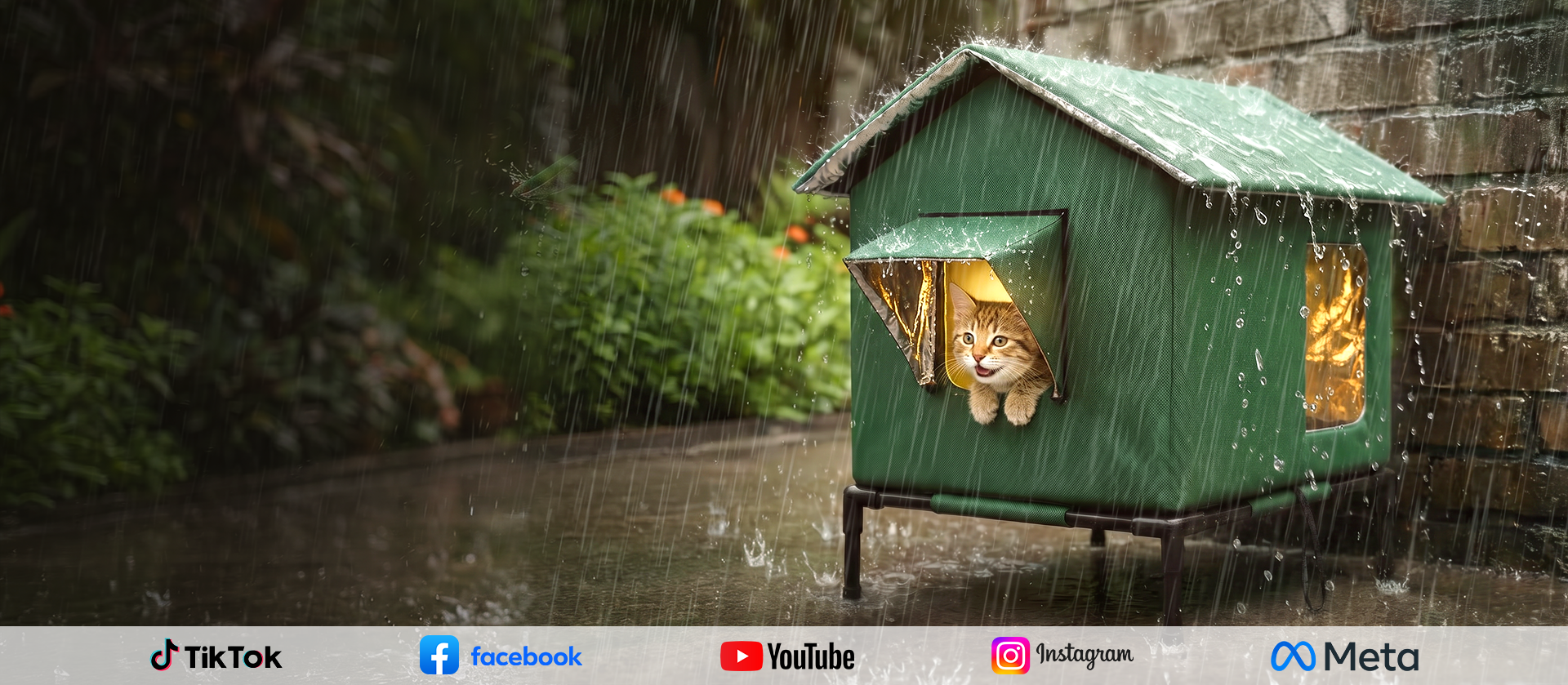 Elevated outdoor cat shelter in rain