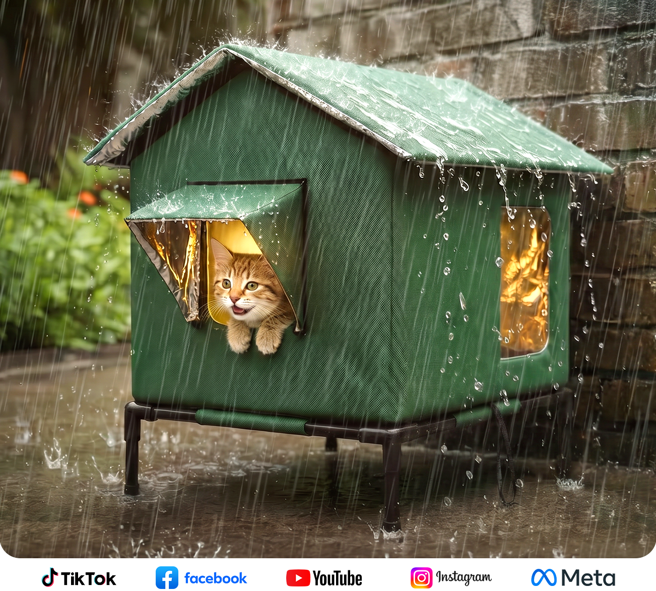 Cat staying inside elevated shelter during rain