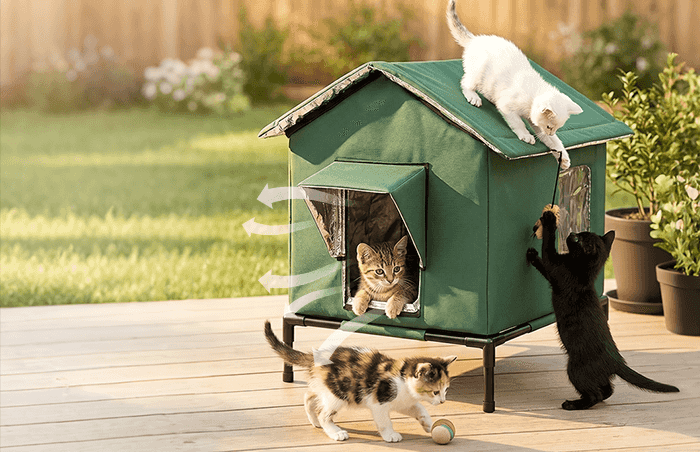 Cats near elevated shelter