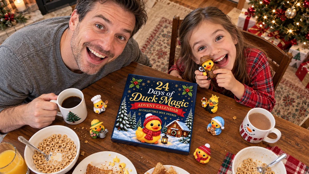Family enjoying a Duck Magic Advent Calendar during Christmas breakfast