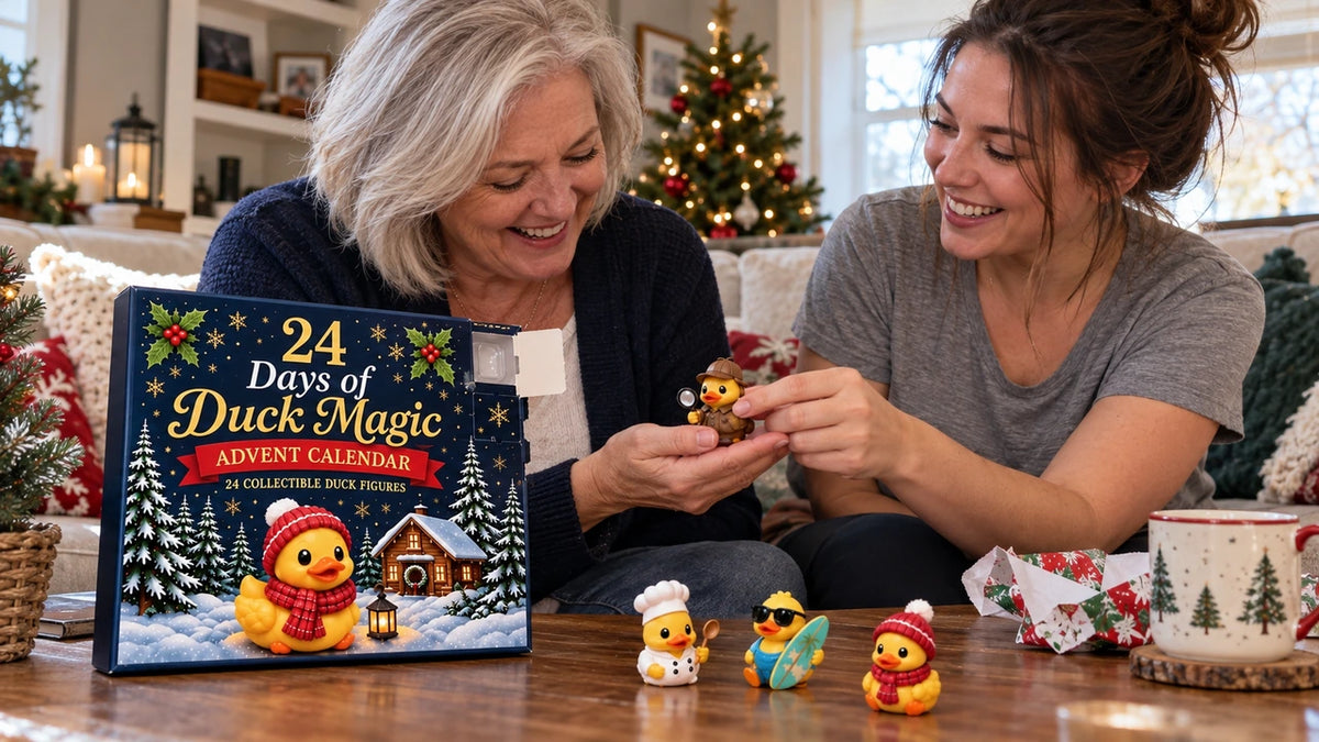 Adults enjoying collectible Duck Magic characters at Christmas