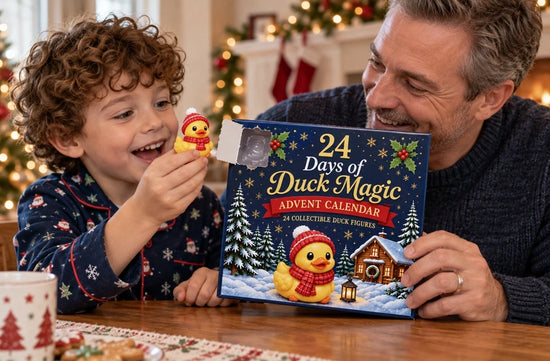 Parent and child enjoying the Duck Magic Advent Calendar at Christmas
