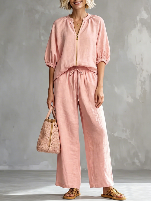 Stylish Cozy Shirt And Wide-leg Pants Linen Cotton Two-piece Set