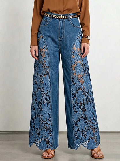 Women's High-waisted Loose-fit Embroidered & Paneled Wide-leg Jeans