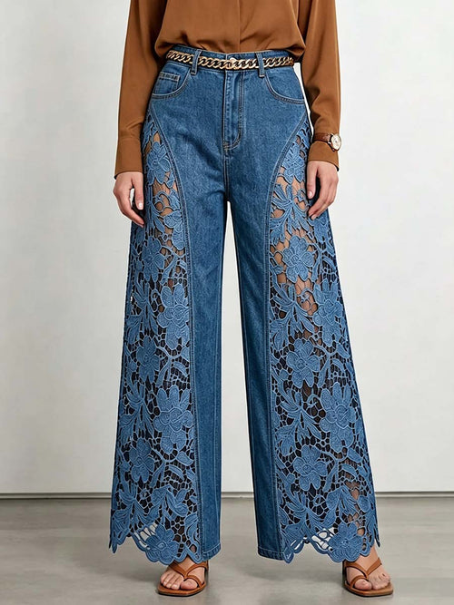 Women's High-waisted Loose-fit Embroidered & Paneled Wide-leg Jeans
