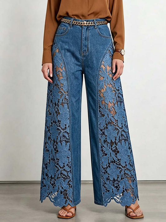 Women's High-waisted Loose-fit Embroidered & Paneled Wide-leg Jeans