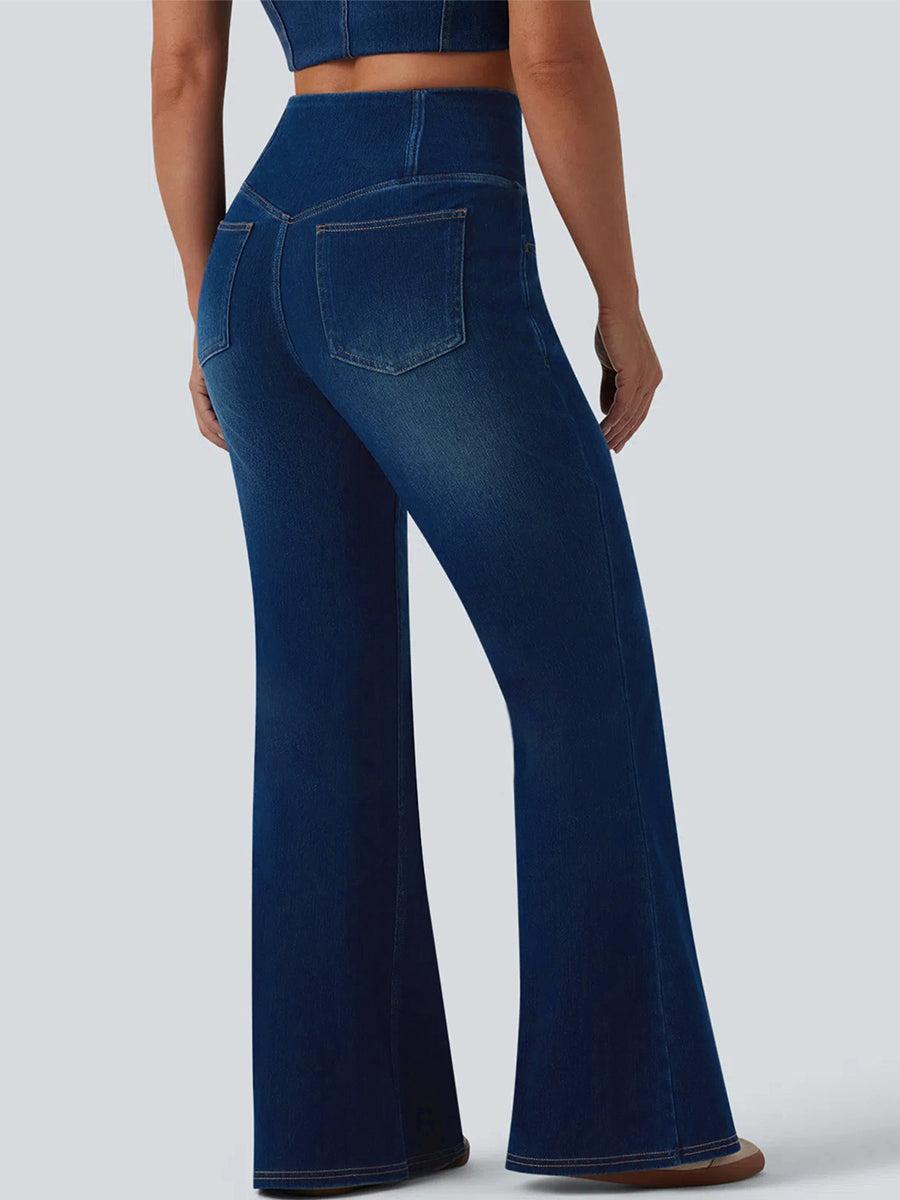 Trendy Crossover Waist High Stretch Flared Jeans