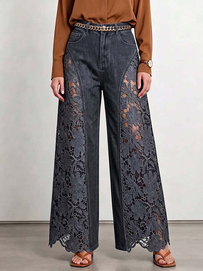 Women's High-waisted Loose-fit Embroidered & Paneled Wide-leg Jeans