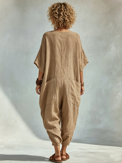 Oversized Linen-look Cotton V-neck Harem Jumpsuit