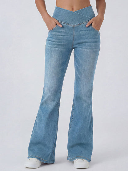 Trendy Crossover Waist High Stretch Flared Jeans
