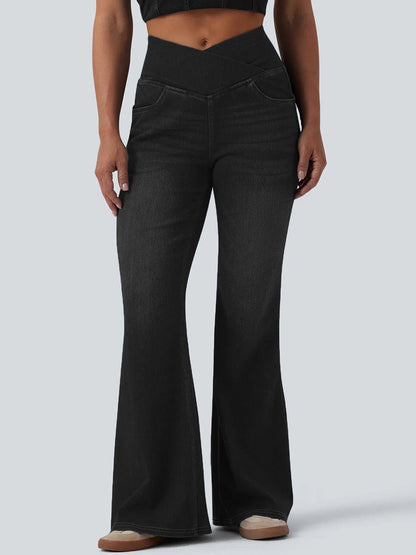 Trendy Crossover Waist High Stretch Flared Jeans