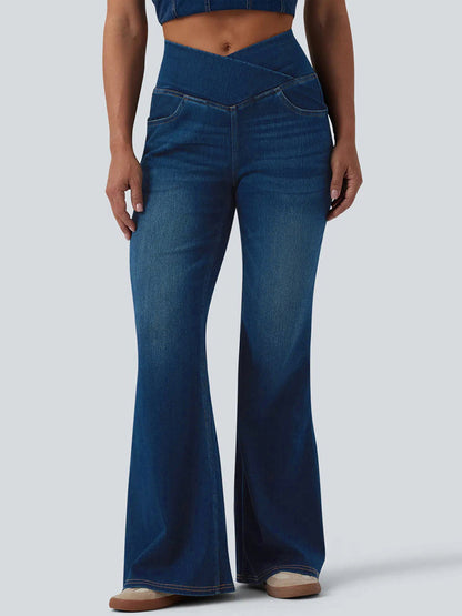 Trendy Crossover Waist High Stretch Flared Jeans