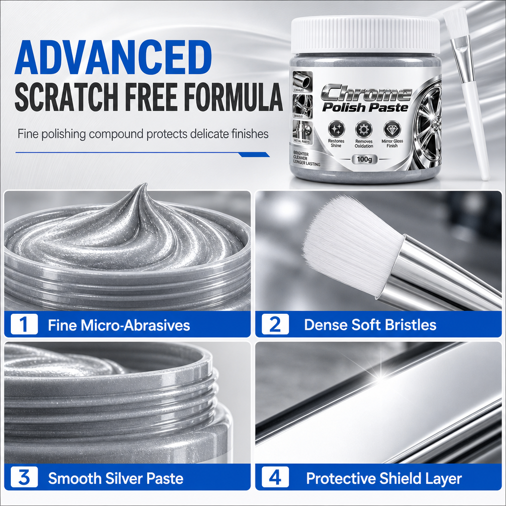 Metal Chrome Polish & Restorer Paste with Brush – Heavy-Duty Chrome Polishing Cream, Oxidation Remover for Ca  Wheels, Metal Trim, Faucets & Chrome Surfacesr-300g