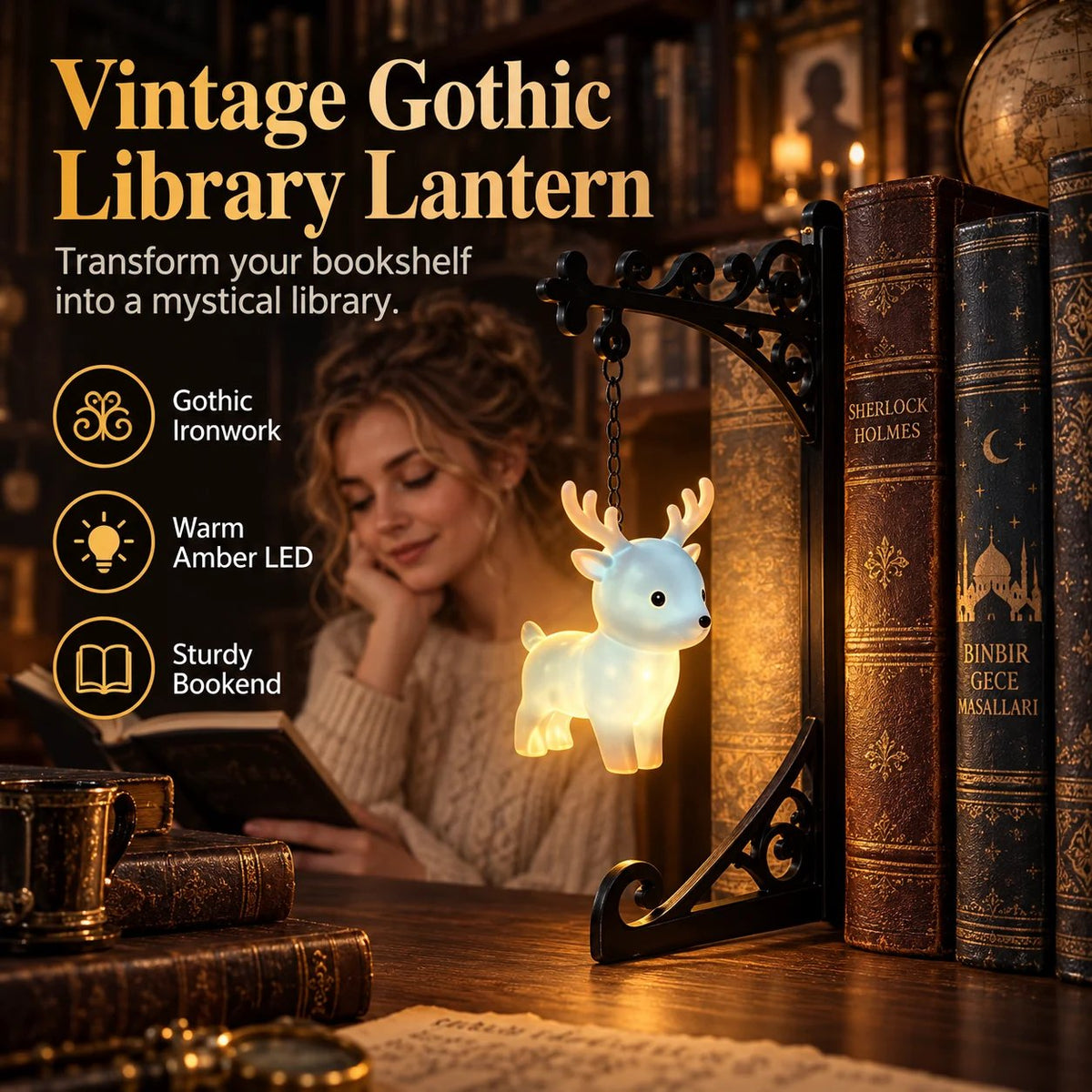 Vintage gotische Bibliothekslaterne mit LED-Beleuchtung