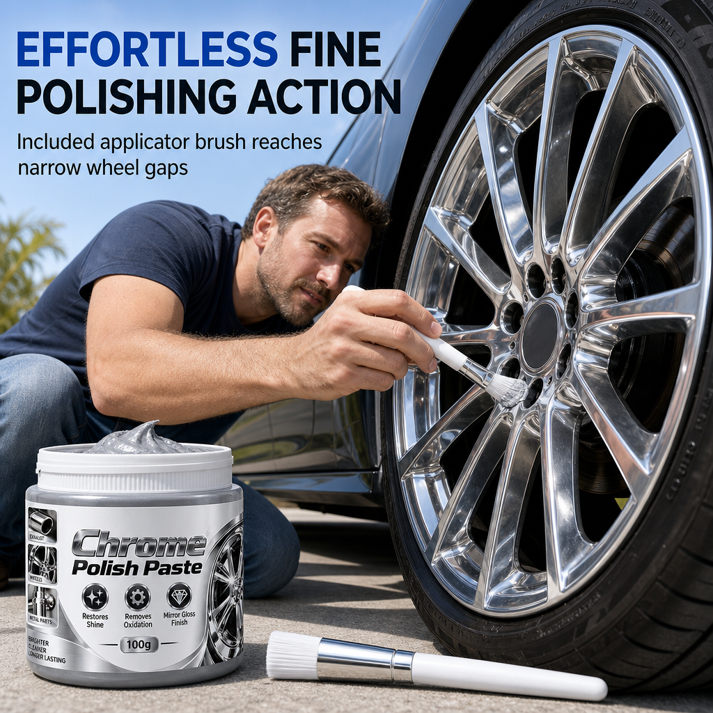 Metal Chrome Polish & Restorer Paste with Brush – Heavy-Duty Chrome Polishing Cream, Oxidation Remover for Ca  Wheels, Metal Trim, Faucets & Chrome Surfacesr-300g