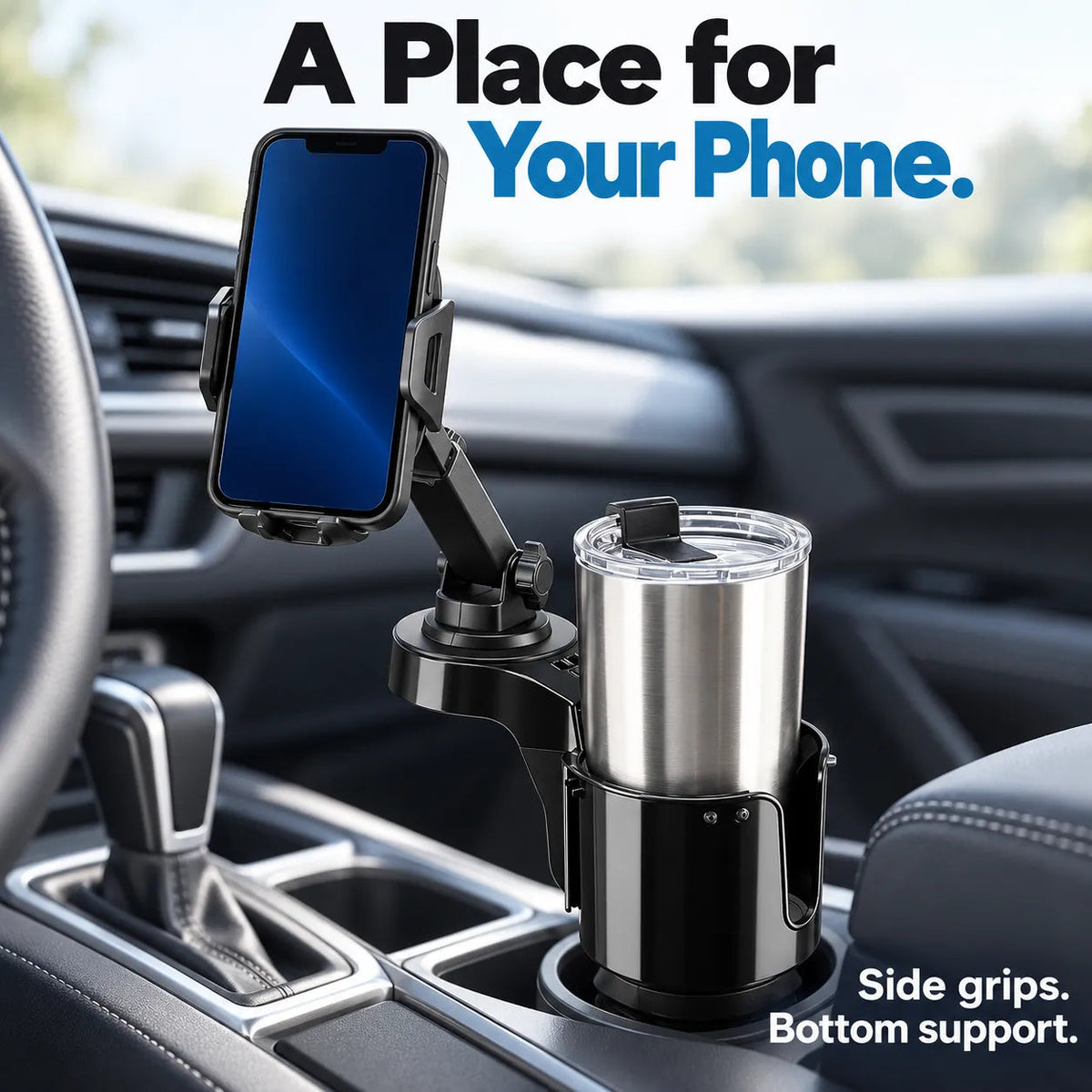 🚗 2-in-1 Car Cup Holder Expander with Adjustable Phone Mount – Handle-Friendly Tumbler Holder 📱🥤