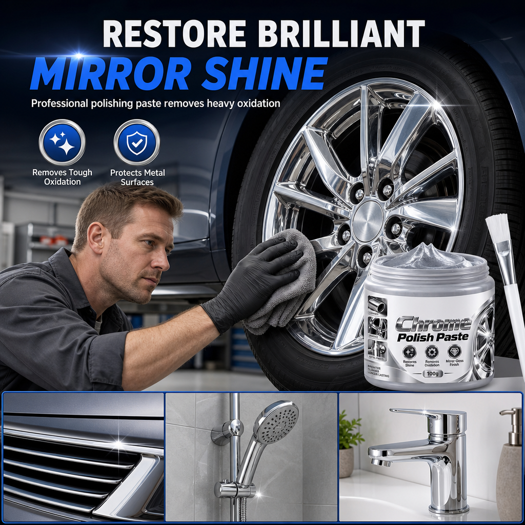 Metal Chrome Polish & Restorer Paste with Brush – Heavy-Duty Chrome Polishing Cream, Oxidation Remover for Ca  Wheels, Metal Trim, Faucets & Chrome Surfacesr-300g