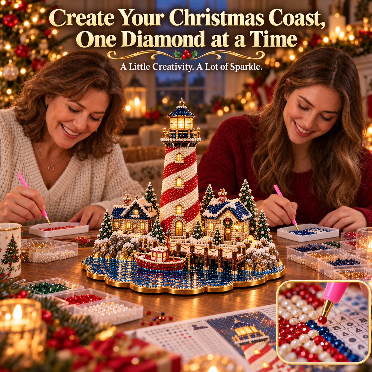🎄 Christmas Lighthouse Village – DIY Sparkling Diamond  2D Art Decoration Kit