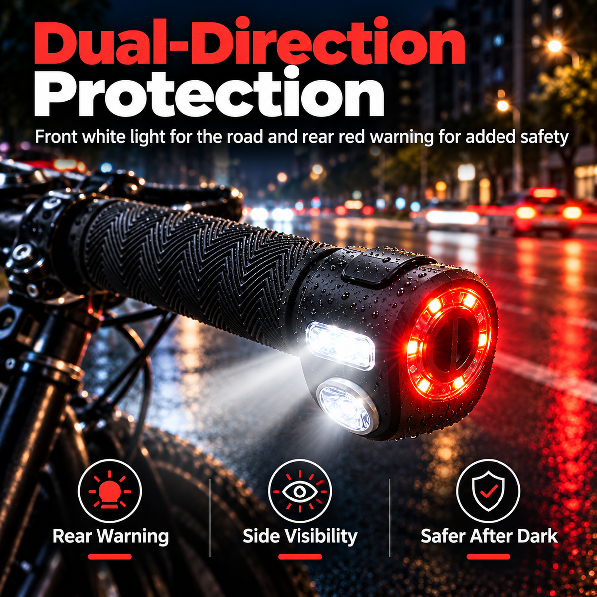 🚴 Dual-Direction Handlebar Safety Lights – USB Rechargeable Front & Rear Bike Lights with Hidden Bar-End Installation