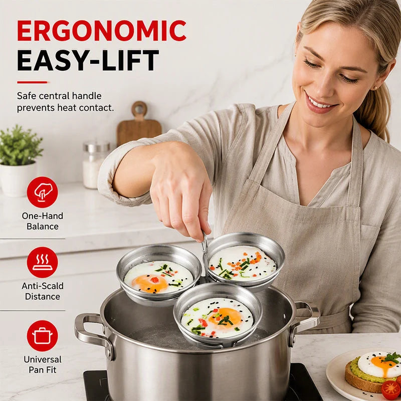 3-in-1 Stainless Steel Egg Poacher – 304 steel, non-stick & versatile