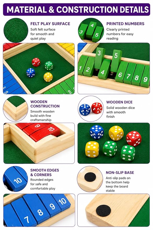 Wooden 8 Dice Shut The Box Color full Board Game for Kids & Family