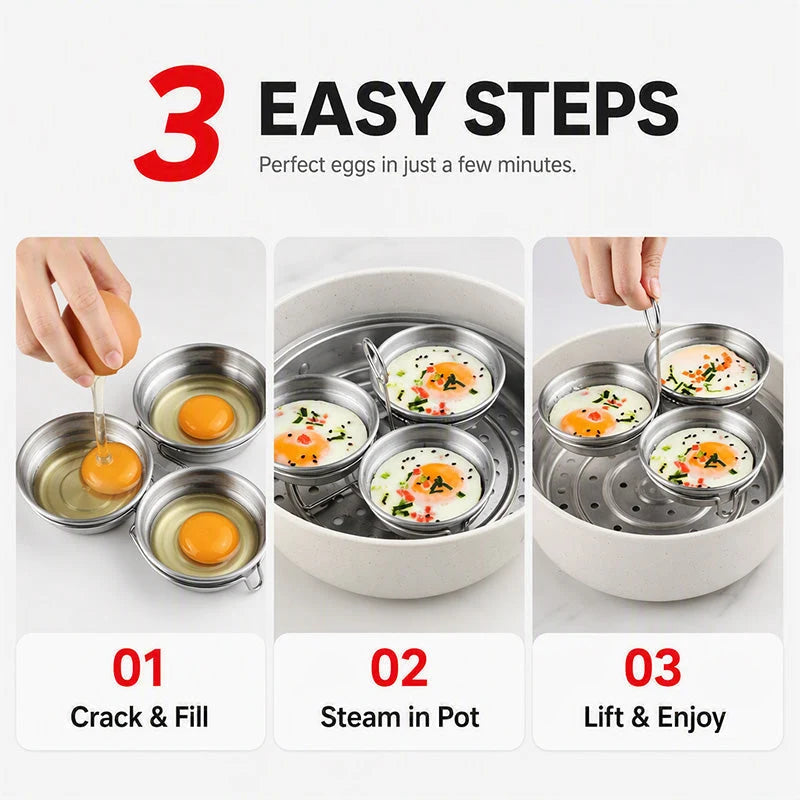 3-in-1 Stainless Steel Egg Poacher – 304 steel, non-stick & versatile